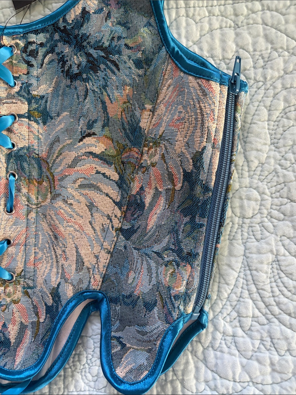Floral Tapestry Corset Top with Teal Trim - Picture 6 of 8